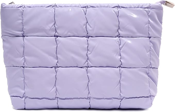 Puffer Quilted Makeup Bag Cosmetic Bag Travel Portable Puffy Checkered Toiletry Pouch Skincare Organizer Purse (Purple)