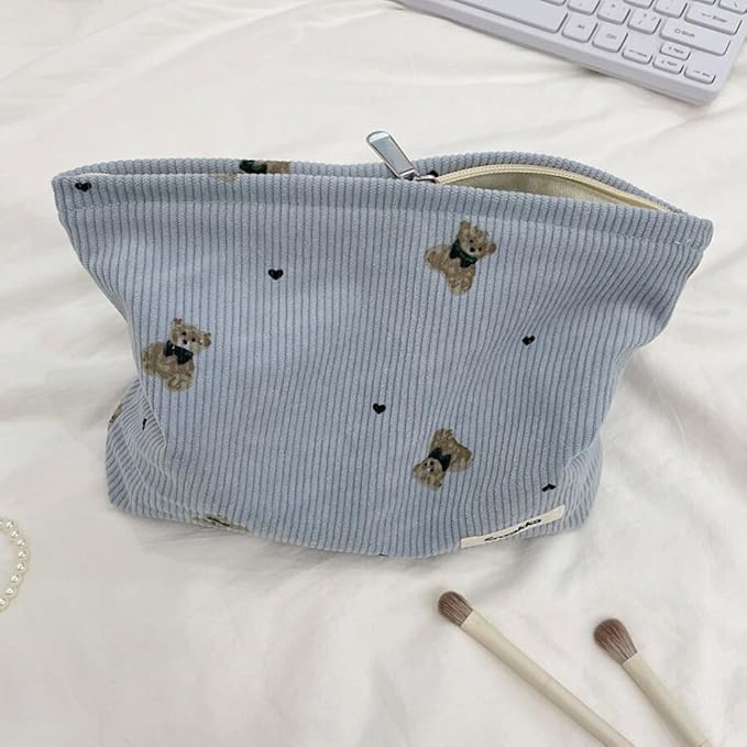 SxoSyo Cosmetic Bags for Women Makeup Bag Large Capacity Purse Travel Toiletry Zipper Storage Pouch Make up Brushes Organizer for Gifts (Corduroy Bear, Blue)