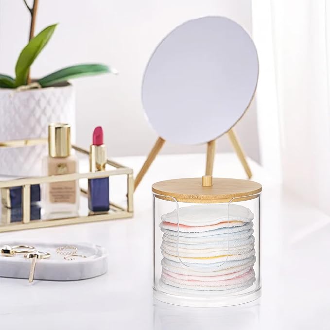Tbestmax Plastic Cotton Round Holder and Dispenser, Clear Bathroom Organizer Storage for Cotton Pads - Bamboo Lids
