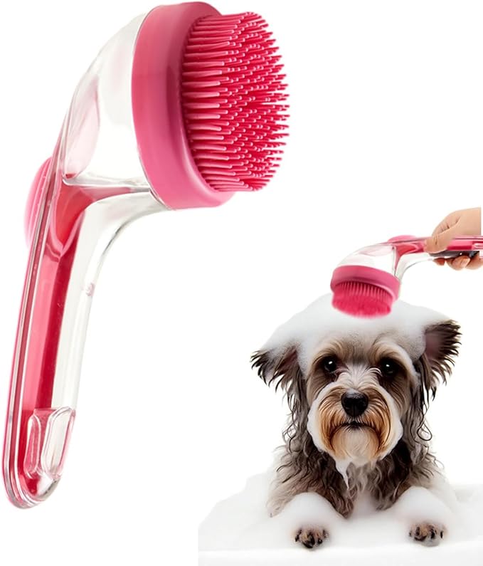 Dog Bath Brush, 2 in 1 Pet Grooming Bath Massage Brush with Soap and Shampoo Dispenser Soft Silicone Bristle Dog Scrubber for Long Short Haired Dogs Cats Shower-Rose Pink