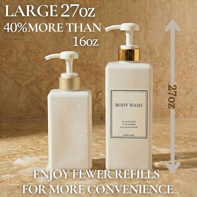 Modern Gold Design Shampoo and Conditioner Dispenser, Large 27oz Shower Soap Dispenser, Set of 3 Refillable Empty Plastic Pump Bottles for Bathroom and Body Wash (6 Waterproof Labels Included), White