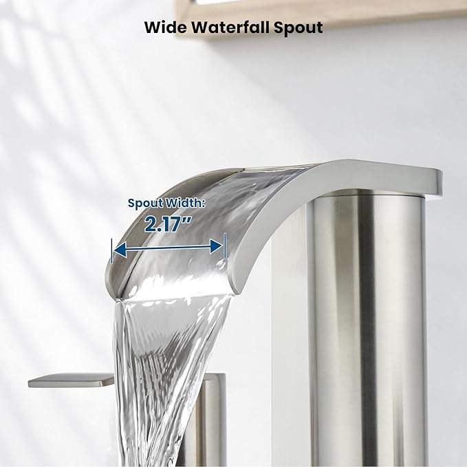 gotonovo Waterfall 8 inch Widespread Bathroom Faucet Set Bathroom Sink Faucet 3 Hole 2 Handle Vanity Lavatory Deck Mount with Pop Up Drain and Water Supply Lines Round Body Brushed Nickel