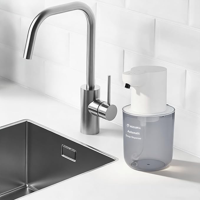 Automatic Soap Dispenser for Kitchen Sink - Wall-Mount & Countertop: 4-Level Adjustable, 13.5oz Clear Plastic IPX5 Rechargeable, Suitable for Kitchen Sink & Bathroom (White)