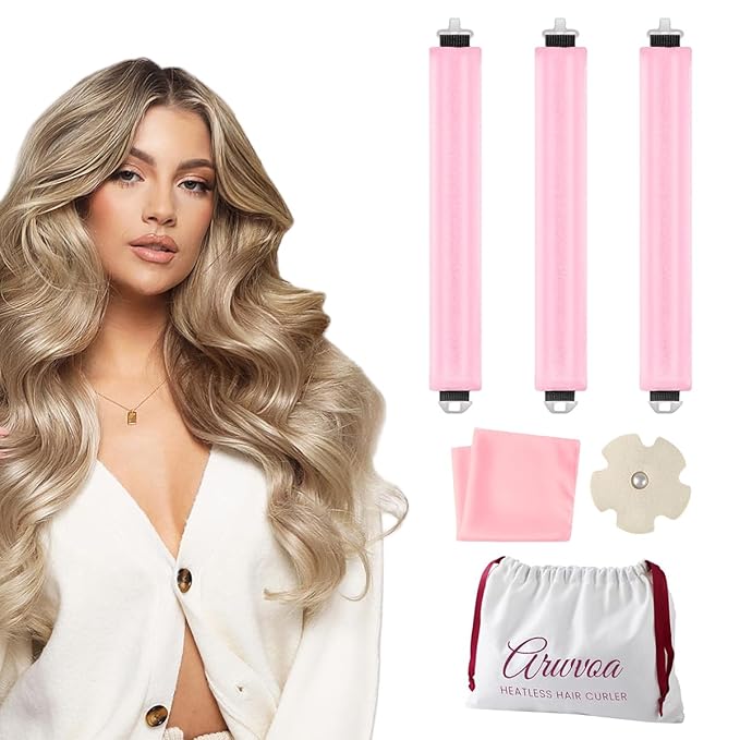 Heatless Curls Overnight Heatless Hair Curler Heatless Blowout with Luxury White Bag Silk Scarf, Curling Rod to Sleep in No Heat Curling Headband, (Pink 3PC)