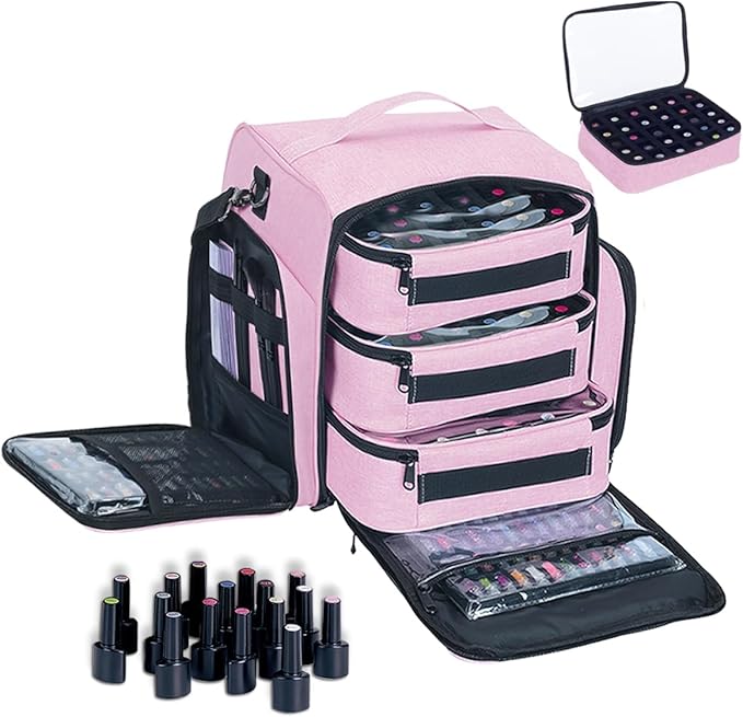 Nail Polish Organizer Storage Box, Holds 90 Bottles of Nail Polish, Portable Travel Case with 3 Separate Storage Bags, Can Be Used for Nail Art Supplies, Manicurists, etc Pink
