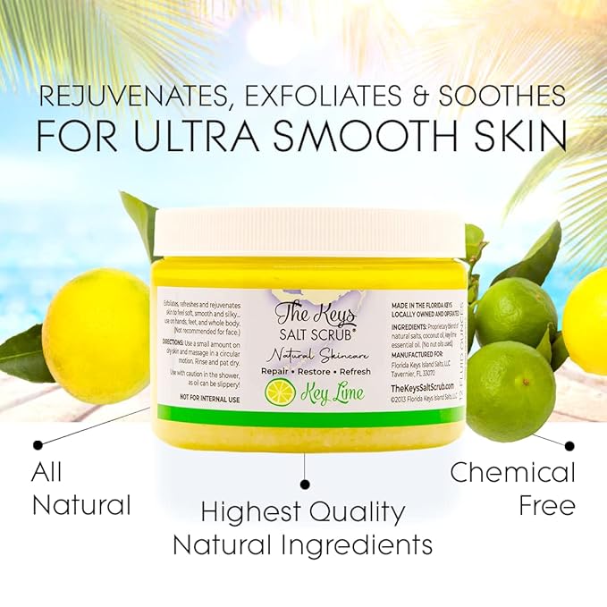 The Keys Salt Scrub -Sea Salt Scrub - Exfoliating Body Scrub with Wooden Spoon - Moisturizing Exfoliator for Hands, Foot, Bath, (12 Ounce (Pack of 1), Key Lime)