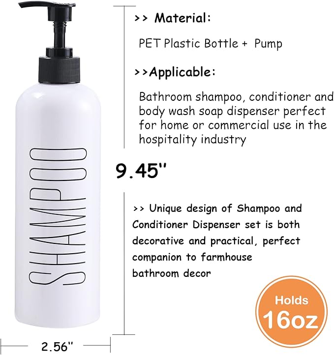 HOMCDALY Shampoo and Conditioner Dispenser, 16oz 3-Pack Refillable Pump Bottles, Shampoo Conditioner Body Wash Dispensers Bottles, Bathroom Shampoo Dispenser Set(White