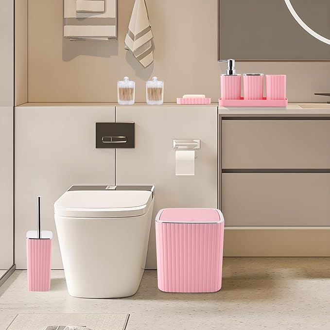 Pink Bathroom Accessories Set - Gorgeous Bathroom Set, 10PC Bathroom Accessory Set, Toilet Brush, Trash Can, Qtip Holder & Soap Dispenser