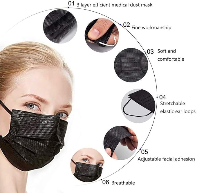 Hyegiir 3 Ply 100 Pack Disposable Face Masks Individually Wrapped For Daily Protection (Black)