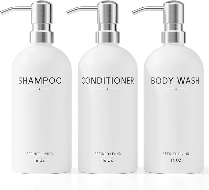 Shampoo and Conditioner Dispenser Set,3 Refillable 16oz Bottles with Stainless Steel Pumps – Shower Soap Dispensers for Bathroom, Hotel or Airbnb (Silver, 3-Pack)