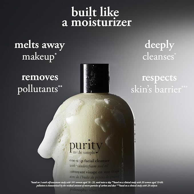 philosophy purity made simple one-step facial cleanser- with meadowfoam seed oil gently cleanses & melts away dirt, oil & stubborn makeup paraben-free face wash