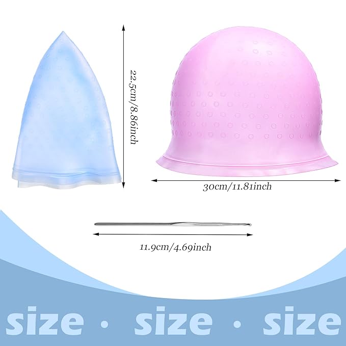 3 Pieces Reusable Silicone Hair Staining Cap Multicolor Hair Coloring Dye Cap with Metal Hook Silicone Hair Coloring Cap for Home Salon Hairdressing Tools (Blue, White, Purple)