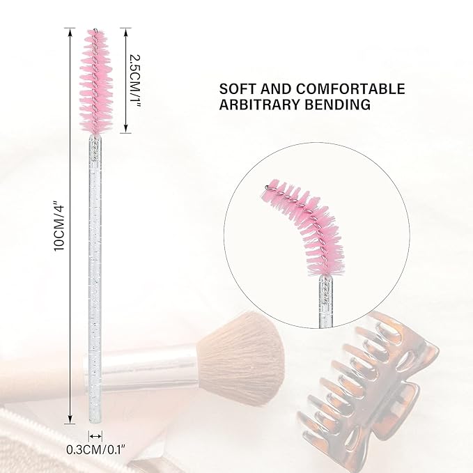 G2PLUS 300PCS Disposable Mascara Brushes, Crystal Lash Brush Makeup Kit, Adjustable Eyelash Spoolies for Eyelash Extensions, Eyebrow and Makeup (White + Pink)