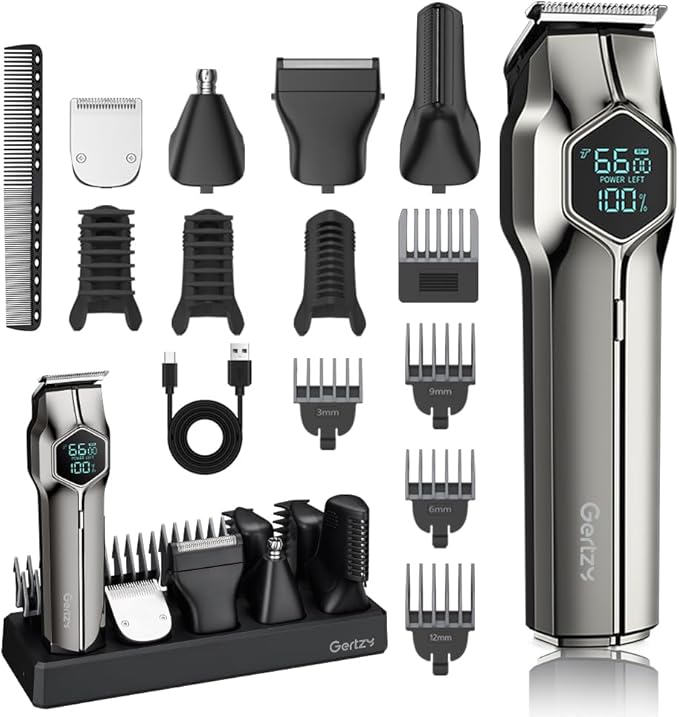 GERTZY 5-in-1 Electric Beard Trimmer Magnetic Replacement Heads, Professional Cordless Hair Clippers for Men Rechargeable, IPX7 Waterproof Grooming Kit for Mustache, Body, Nose, Gifts for Men (Silver)