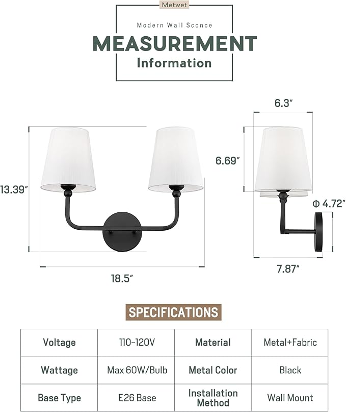 2-Light Bathroom Vanity Light Fixtures in Matte Black Finish, Modern Bedside Wall Sconces with Flared White Fabric Shade for Bathroom, Hallway, Living Room, Kitchen, VL837-MB-2