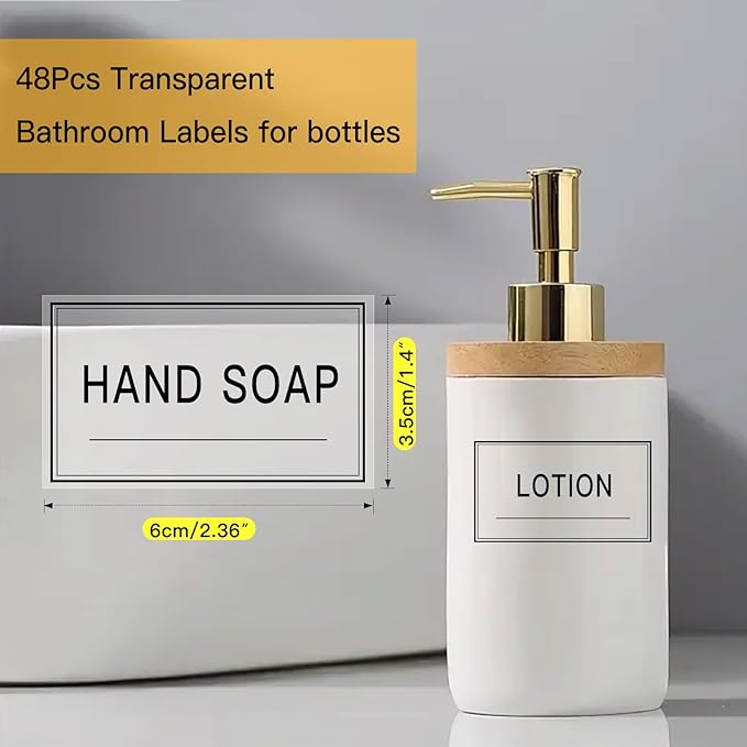 48PCS Clear Waterproof Labels for Bottles, Shampoo and Conditioner Dispenser Label,Transparent Soap and Lotion Stickers for Bathroom Organization (Black on Clear)