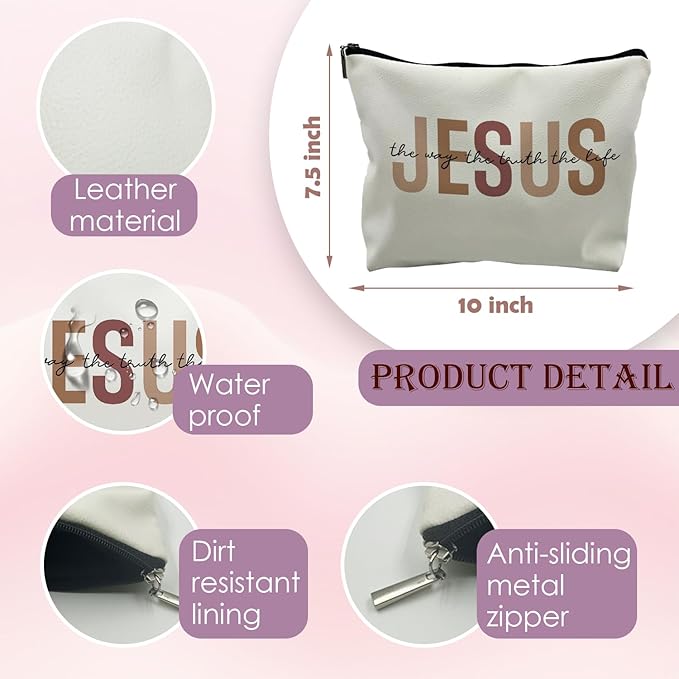 Christian Leather Makeup Bag,Jesus Cosmetic Bag,Christian Gifts for Women Girl,Christian Gift Bags,Christian Gifts for Women,Inspirational Gifts for Women Girls,Bible Verse Cosmetic Bag(PU-brown)