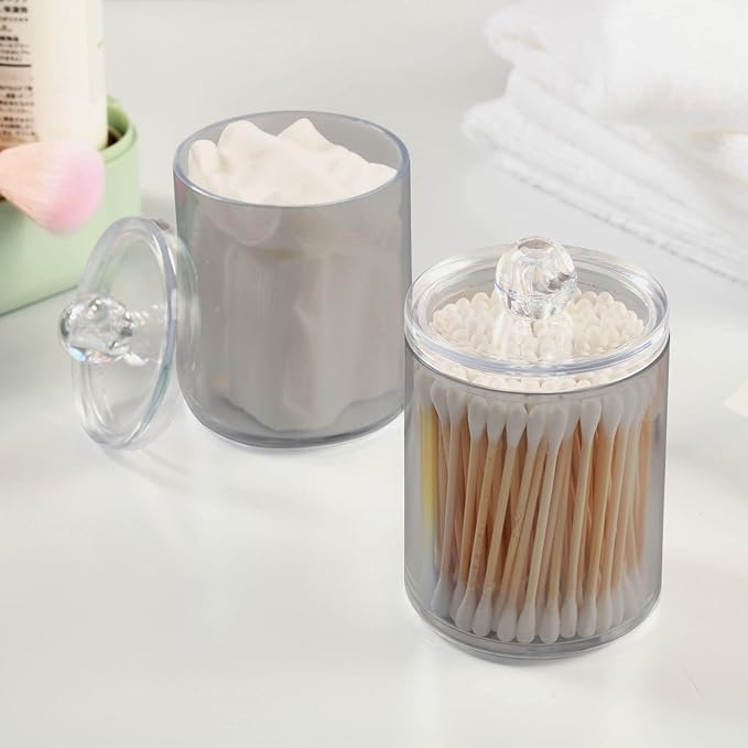 Grey Qtip Holder Organizer Dispenser Cotton Swabs Cans Plastic Jars with Lid Set 2 Pack Bathroom Storage Canister for Cotton Ball Floss Cotton Pads