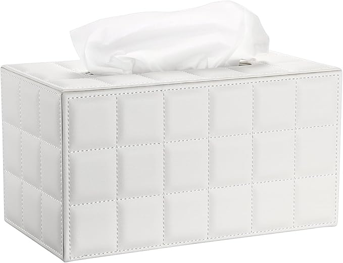 Sumnacon Tissue Box Cover Rectangle Leather Tissue Box with Magnetic Bottom,PU Tissue Box Holder Decorative Grid White Tissue Cover for Bathroom Toilet Bedroom Kitchen Office Table Desk, Large