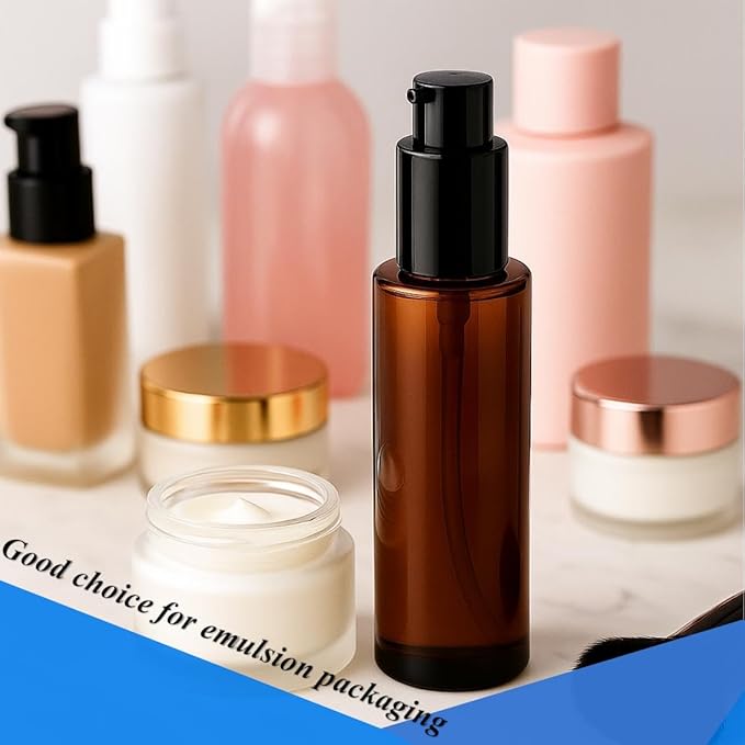 4Pcs 60ml Amber Lotion Pump Bottle Refillable Empty Glass Bottle Travel Size Cosmetic Containers for Liquid Soap, Shampoo, Conditioner, Serum