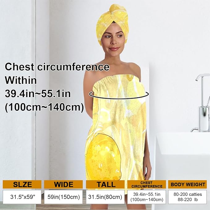 Women’s Citrus Lemon Bath Towel and Hair Wrap Set, Quick-Dry Soft Absorbent Microfiber Shower Body Wrap with Elastic Closure, Lightweight Spa Toweling Ensemble for Home, Gym & Travel (Citrus 5)