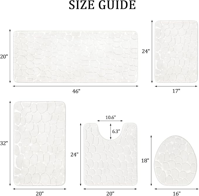 YIHOUSE Bathroom Rugs Mat Set 5 Piece White, Memory Foam Bath Mats Sets, Non Slip Water Absorbent Washable Bath Rugs for Sink, Toilet and Floor