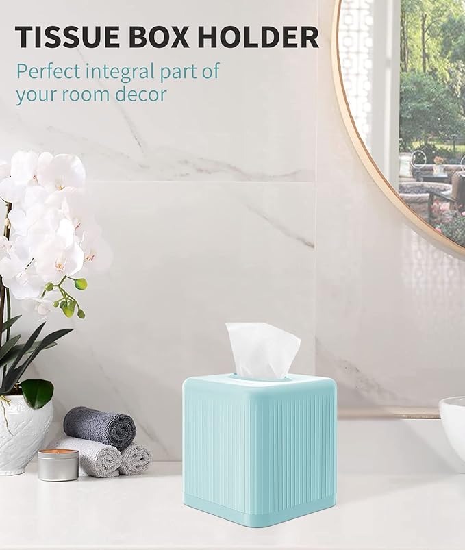 Livelab Tissue Box Cover and Holder - Square Plastic Decorative Tissue Dispenser - Modern Cube Style - For Bathroom, Living Room, Office - Blue