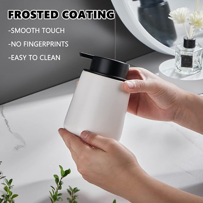 12Oz Foaming Hand Soap Dispenser - White Foam Soap Dispenser Bathroom with Easy-to-Press Pump, Modern Refillable Liquid Lotion Hand Soap Dispenser, Ceramic Dish Soap Dispenser for Kitchen