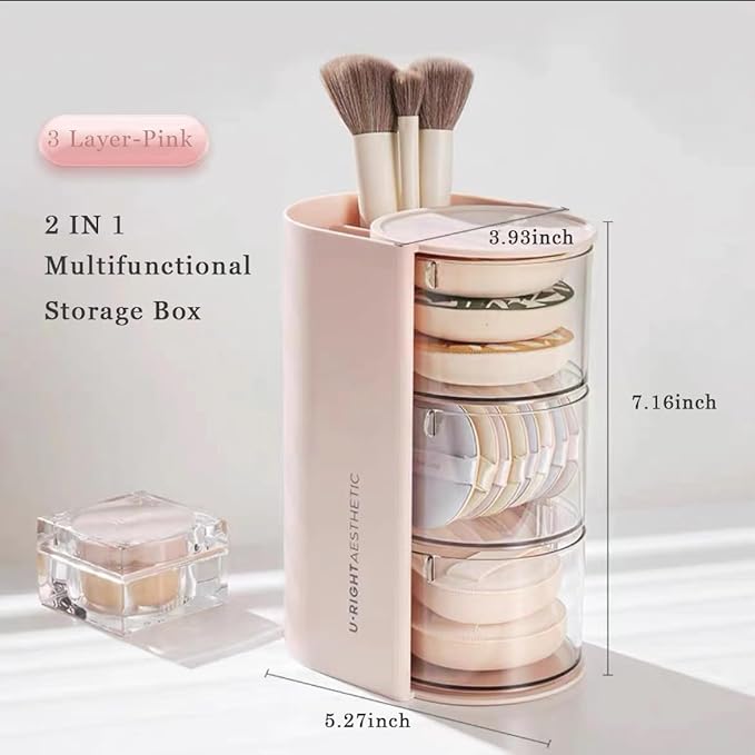 gugululu 3-Layer Clear Hair Accessories Organizer with Hair Brushes Holder, Rotatable Storage Box Desktop Organizer Case for Makeup Brushes, Cotton Swab, Beauty Sponge, Powder Puff (Pink)