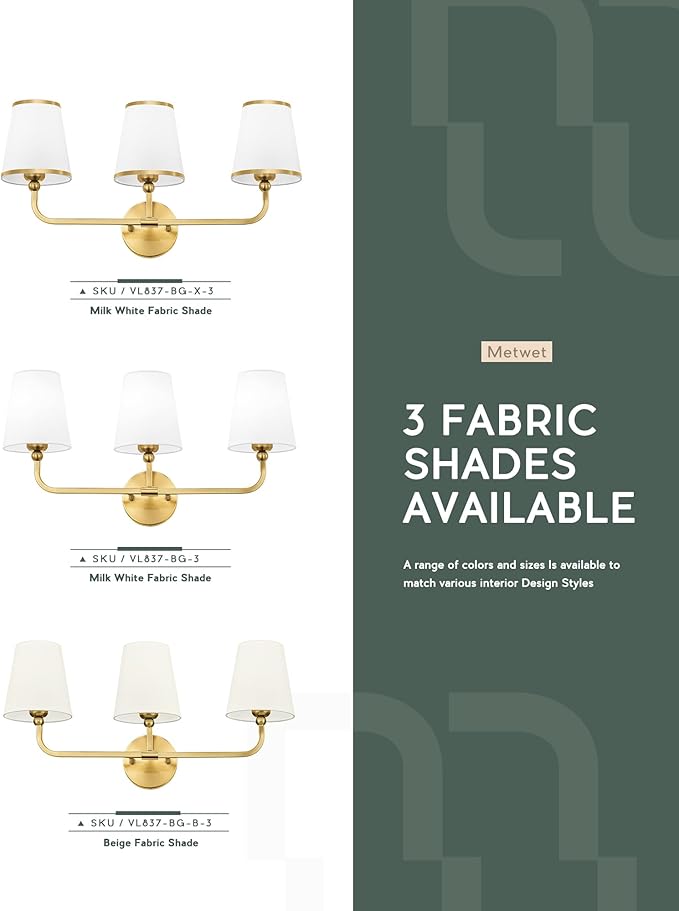3-Light Bathroom Light Fixtures, Brushed Gold Vanity Lights Over Mirror with White Fabric Shade, Modern Sconces Wall Lighting for Hallway Bedroom, VL837-BG-X-3