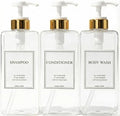 Modern Gold Design Shampoo and Conditioner Dispenser, Large 27oz Shower Soap Dispenser, Set of 3 Refillable Empty Plastic Pump Bottles for Bathroom, 6 Waterproof Labels Included, (Clear & White)