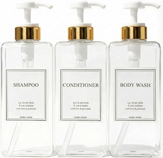 Modern Gold Design Shampoo and Conditioner Dispenser, Large 27oz Shower Soap Dispenser, Set of 3 Refillable Empty Plastic Pump Bottles for Bathroom, 6 Waterproof Labels Included, (Clear & White)