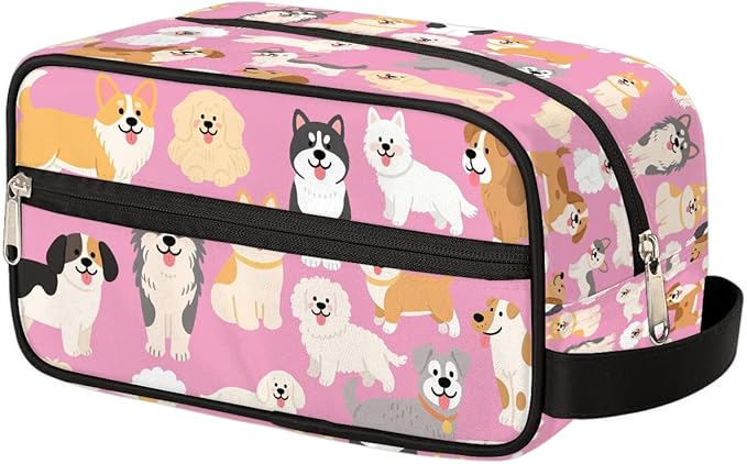 Cartoon Cute Dogs Pattern Kids Toiletry Bag for Boys Girls, Cosmetic Makeup Bag with Handle, Travel Shaving Kit Organizer, Waterproof Portable Wash Bag for Gym Vacation Camping Sports