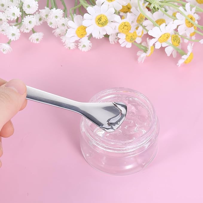 2Pcs Cosmetic Spatula, Mini Metal Makeup Spatula Reusable Cosmetic Cream Spatulas Spoon Skincare Scoop Applicator Multi-functional Facial Applicator Tool for Mixing and Sampling Face Eye Cream, Silver