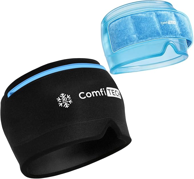 ComfiTECH Dual-Gel Migraine Relief Cap Extended 30-Min Cooling, Detachable Cold Pack & Flexible Gel Head Ice Wrap Face Mask Soothing for Headache, Sinus, Puffy Eyes, Tension and Stress