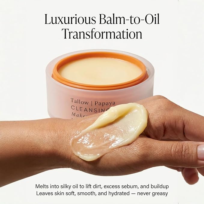 Tallow Cleansing Balm - With Grass-fed Beef Tallow, Papaya Enzyme | Waterproof Makeup Remover Balm | Natural Face Cleanser Oil | Sulphate Free | for sensitive skin, MADE IN USA - 3.17 oz/ 90 g (2 oz)