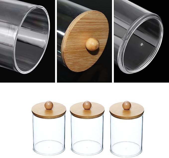 3PCS Acrylic Qtip Dispensers Holders With Wood lid, Clear Bathroom Round Countertop Storage Organizer Canister for Cotton Balls,Swabs,Pads,Bath Salts ,Makeup Sponges,Tooth Floss