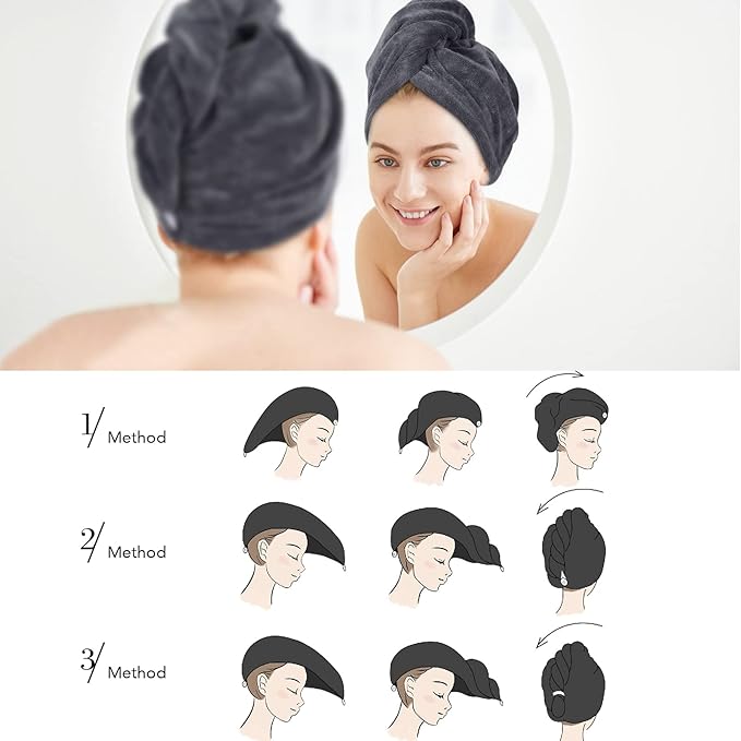 SINLAND Microfiber Hair Drying Cap Hair Towel Turban Twist for Women Fast Drying Towels Head Turban Absorbent Soft Lightweight 3 Pack Grey