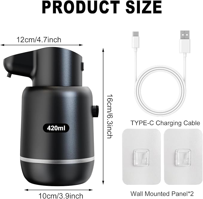Automatic Foaming Soap Dispenser 15oz/420ml Foaming Hand Sanitizer Touchless Wall Mount with 4levels Adjustable Free Touch Electric Soap Dispenser Rechargeable with Sensor(Black)