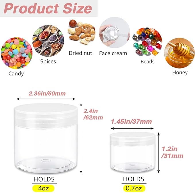4 oz Clear Small Plastic Containers with Lids + 20g/20ml Small Containers with Lids (Set of 24) Cosmetic Sample Jar Plastic Jars - for Lip Scrub, Body Butters, Cream, Slime, Craft Storage