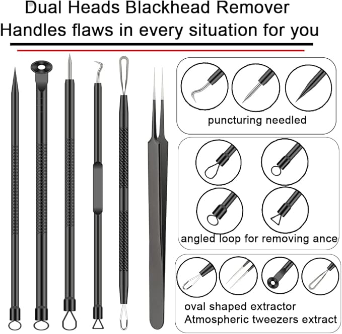 Pimple Popper Tool Kit, 6 Pcs Blackhead Remover Acne Needle Tools Set Removing Treatment Comedone Whitehead Popping Zit for Nose Face Skin Blemish Extractor Tool - Black