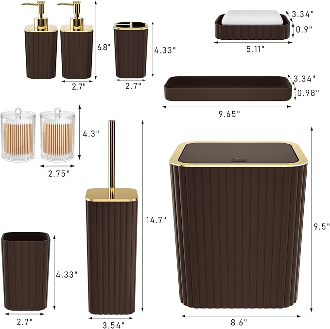 Bathroom Accessories Set - Gorgeous Bathroom Set, 10PC Brown Bathroom Accessories, Bathroom Accessory Set, Toilet Brush, Trash Can, Qtip Holder Dispenser & Soap Dispenser