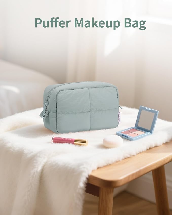 Narwey Makeup Bag Travel Toiletry Bag for Women Girls, Puffy Cute Cosmetic Bag Organizer Make up Bag with Compartments (Sage Green)