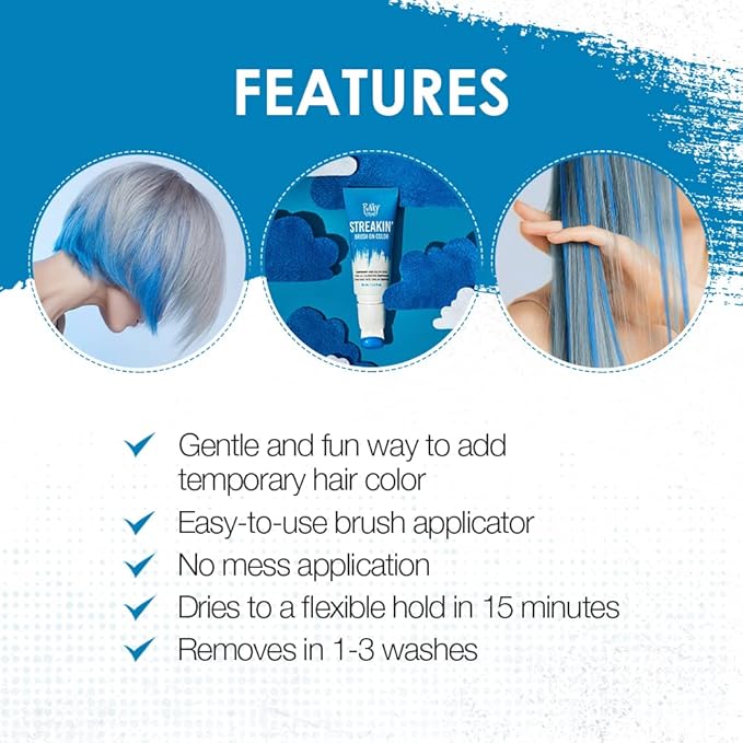 Punky Colour Streakin' Brush on Color Blue, Temporary Hair Color Creme, Instant, DIY Hairstyle, Vibrant, Soft Hold, Men Women Kids, Easy-Squeeze Tube, 1.2 fl oz