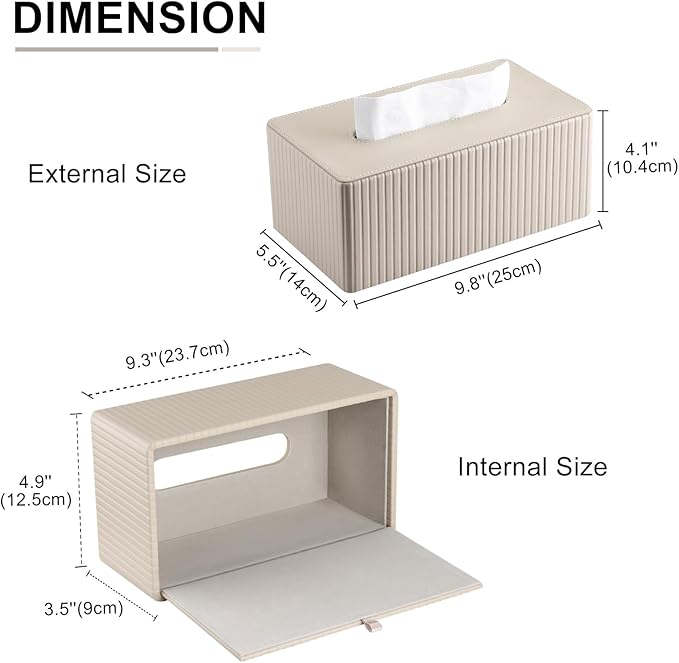 KINGFOM PU Leather Tissue Box Cover Rectangular Tissue Box Holder with Magnetic Bottom, Napkin & Facial Tissue Holder Dispenser for Home, Office for Standard 120-count/160-count (2-Ply) Beige Stripe