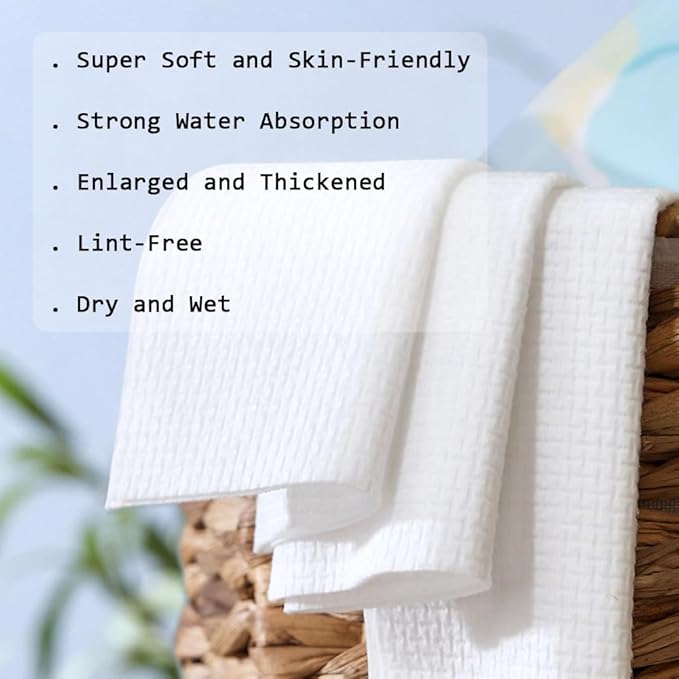 Disposable Face Towels, Facial Cleansing Cloths, Extra Soft Makeup Removing Cleansing 10"×12" Face Towelettes, Skin Care and Makeup Removal, 100% Pure Plant Fiber