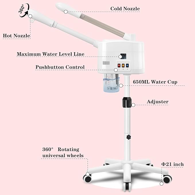 Facial Steamer, 2 in 1 Face Steamer with Cold & Hot Mist, Professional Facial Steamer with Timer Function, Stand Face Steamer Adjustable Height for Spa, Salon and at Home use