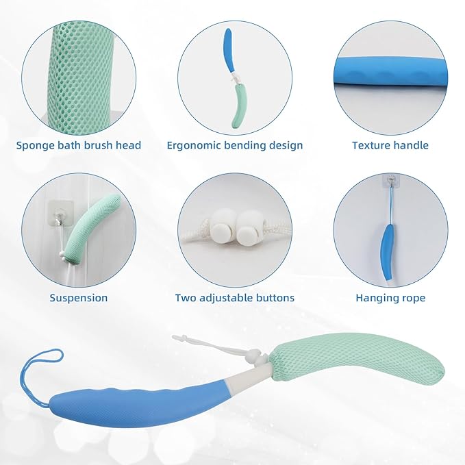 KkaFFeKkaFFe Shower Back Brush With Long Handle, 15.35" Body Brush, Back Scrubber for Men Women, Handled Sponge Body Exfoliator, Loofah Scrubber for Aid Bathing
