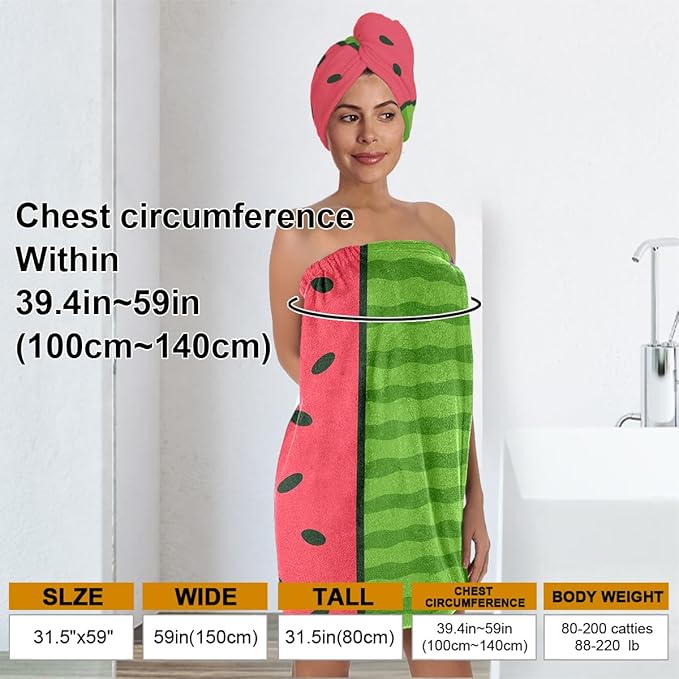 Watermelon Towel Wrap for Women with Hair Turban – Fruit Print Quick Dry Bath Skirt Set – Microfiber Adjustable Spa Shower Wrap with Elastic & Hook and Loop Closure – Dorm, Gym, Pool, Travel (W1)