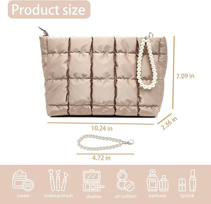 Puffer Quilted Makeup Bag Travel Cosmetic Bag Portable Puffy Checkered Toiletry Pouch Skincare Organizer Purse Pencil Case (Champagne Gold)